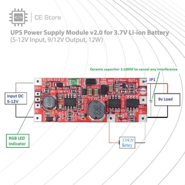 UPS Power Supply Module v2.0 for 3.7V Li-ion Battery (5-12V Input, 9/12V Output, 12W) - Image 3